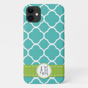Coque iPhone 11 Quatrefoil bleu, Trellis marocain, Monogramme