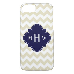 Coque iPhone 8/7 Quatrefoil de la marine Beige Blanc Chevron 3 Mono