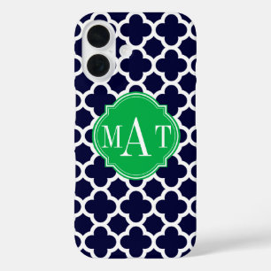 Coque Pour iPhone 16 Quatrefoil Navy Blue et Kelly Green Monogram