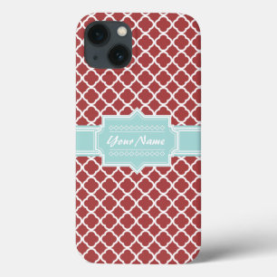 iPhone 13 Case Quatrefoil rouge et menthe Personnalisé