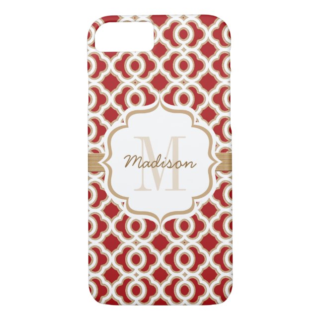 Coques Case-Mate iPhone Quatrefoil rouge et or monogramme (Dos)