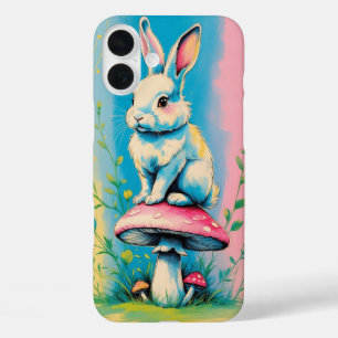 Coques iPhone 16 Plus Rabbit assis sur un champignon avec Pastel animé