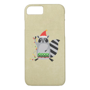 Coque iPhone 7 Raccoon À Santa Hat Tangé Dans Les Lumières De Noë