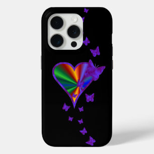 Coque iPhone 15 Pro Rainbow heart and Butterfly