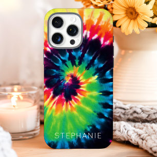Coques iPhone 16 Pro Max Rainbow Tie Dye Swirl Nom personnalisé