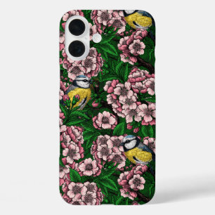 Coques iPhone 16 Plus Rameaux bleus dans le cerisier en fleurs en vert