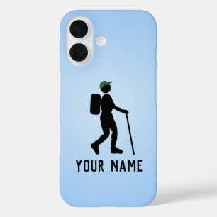 Coque Pour iPhone 16 Randonnée pédestre Motif et votre nom / texte bleu
