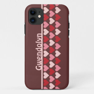 Coque iPhone 11 Rangées de coeur motif rose rouge nom personnalisé