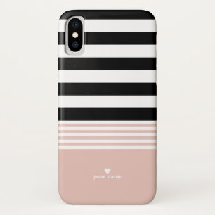 Coque iPhone X Rayé noir, blanc et rose personnalisé