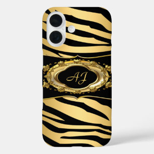 Coque Pour iPhone 16 Rayure de zèbre monogrammée noir orné or