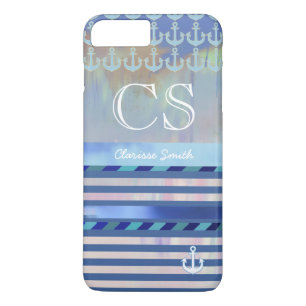 Etui iPhone Case-Mate rayures bleues, nom/initiales & ancres