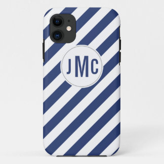 Coques Pour iPhone Rayures de bleu marine avec le monogramme fait sur