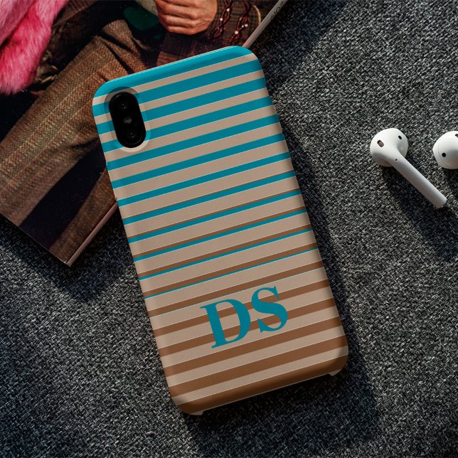 Coques Case-Mate iPhone Rayures horizontales Monogramme Brown et bleu (Créateur téléchargé)