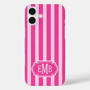 Coques iPhone 16 Plus Rayures Monogramme Rose Chaud et Rose