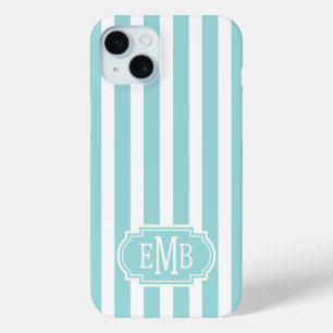 Coque iPhone 15 Mini Rayures Monogrammées Aqua et Blanc