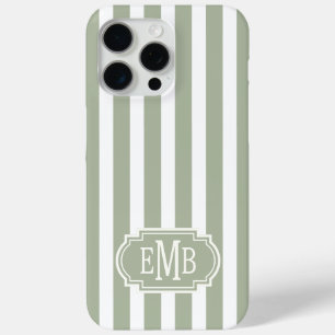 Coque iPhone 15 Pro Max Rayures monogrammées vert sauge et blanc