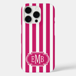 Coques iPhone 16 Pro Rayures monogrammes framboise et blanc