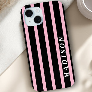 Coque Pour iPhone 15 Rayures personnalisées Noir Rose