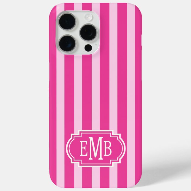 Coques Case-Mate iPhone Rayures rose chaud et rose monogrammées (Verso)
