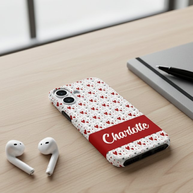Coques Case-Mate iPhone Red Black Modern Hearts Retro Monogram Name (cute red and black retro hearts iphone case with name monogram)