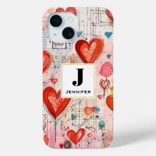 Coque Pour iPhone 15 Red Hearts Whimsical Love Motif Monogramme