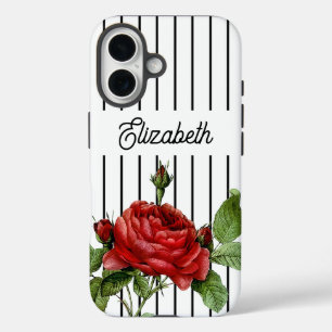 Coque Pour iPhone 16 Red Rose tendance noir et blanc rayures à rayures