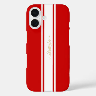 Coque Pour iPhone 16 Red White Racing Stripes Gold Monogrammed Stylish
