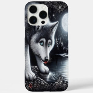 Coques iPhone 16 Pro Max Réflexion du loup blanc sur la Lune