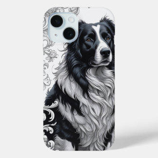 Coque Pour iPhone 15 Regal Border Collie avec cadre floral baroque