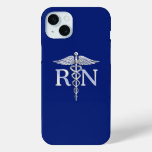 Coque iPhone 15 Mini Regised Nurse RN Caduceus on Blue Decor