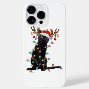 Coque Pour Pour iPhone 14 Pro Max Reindeer Chat Noir Feux de Noël Drôle Chat Amour