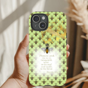 Coque Pour iPhone 15 Reine Abeille Grille Bible Lime Vert Doré Féminin