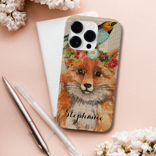 Coque Pour iPhone 14 Pro Renard aquarelle Collage floral Nom personnalisé