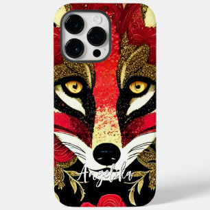Coque Pour Pour iPhone 14 Pro Max Renard Rouge et Or Féroce avec Nom Personnalisé
