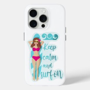 Coque iPhone 15 Pro Restez calme et surf sur la brunette fille Carte