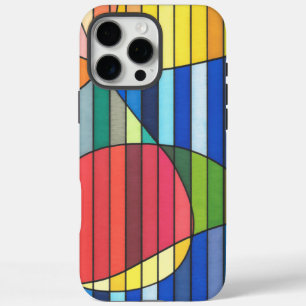 Coques iPhone 16 Pro Max Résumé rayé bleu avec des formes rouges et jaunes