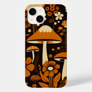 Coque Pour iPhone 14 Rétro années 1970 Champignons et fleurs Brown et o