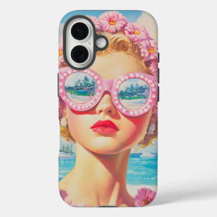 Coque Pour iPhone 16 Retro Beach Girl avec lunettes de soleil florales