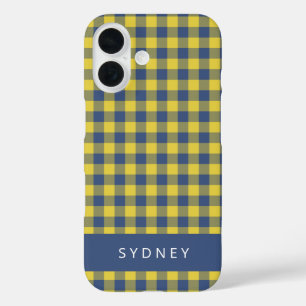 Coque Pour iPhone 16 Retro Buffalo Plaid Jaune Bleu Personnalisé Nom
