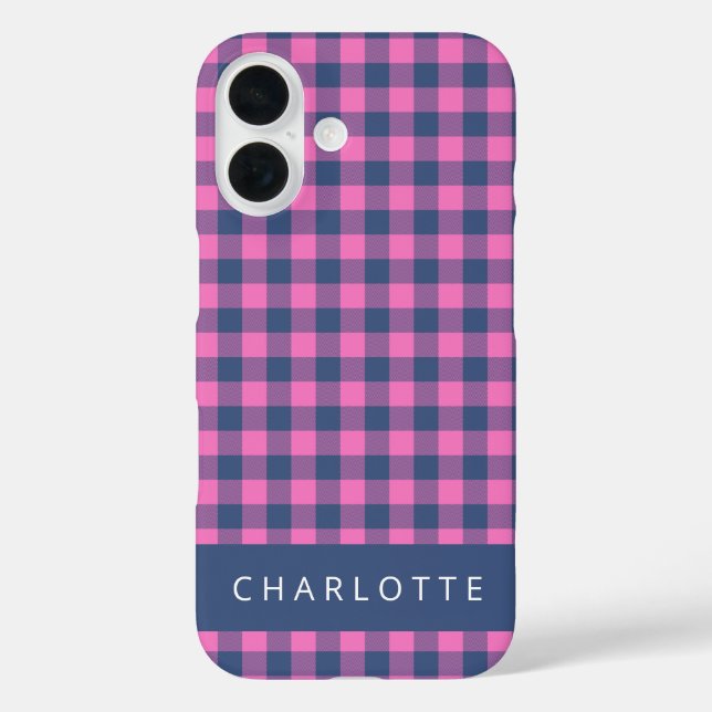 Coques Case-Mate iPhone Retro Buffalo Plaid Pink Blue Nom personnalisé (Verso)