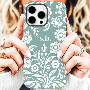 Coques iPhone 16 Pro Max Rétro Fleur Sauvage Floral Monogramme Teal Poussié