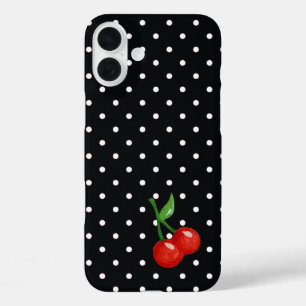 Coques iPhone 16 Plus Retro Look noir Polka point avec cerises