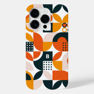 Coque Pour iPhone 14 Pro Rétro Orange Noir Géométrique Monogramme Initiale