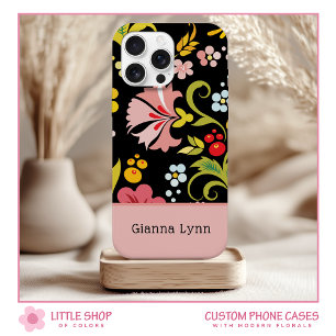 Coque Pour iPhone 15 Rétro Rose Noir Floral Monogrammé