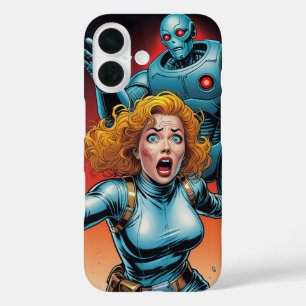 Coque Pour iPhone 16 Rétro Scifi Woman running from Robot