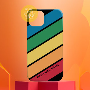 Coque Pour iPhone 14 Retro Sporty rayures arc-en-ciel avec nom noir