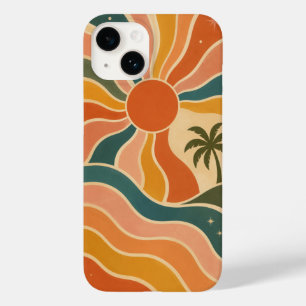 Coque Pour iPhone 14 Rétro Vagues et Palmiers du Coucher de Soleil des
