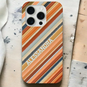 Coque iPhone 15 Pro Rétro vintage boho monogramme orange bleu rayures