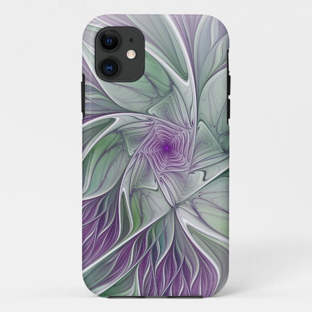 Coques Case-Mate iPhone Rêve de fleurs, Abstrait violet vert Fractal Art (Dos)