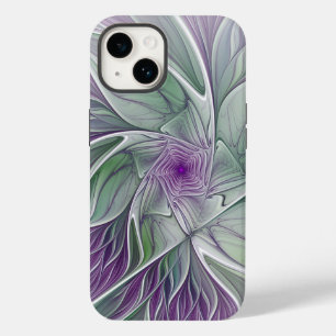 Coque Pour iPhone 14 Rêve de fleurs, Abstrait violet vert Fractal Art